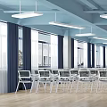 Modern Conference Room With Blue Large Screen Neatly Arranged White Chairs And Wooden Floor