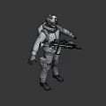 Man in White Spacesuit Holding Futuristic Gun in Standing Pose