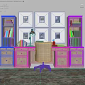 Wooden Office Desk With Bookcase Lamp Beige Chair And Decorative Wall Art