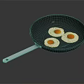 Black Frying Pan With Silver Handle And Three Fried Eggs On Dark Background 3d model