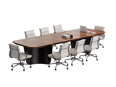 Modern Wooden Conference Table With Comfortable Chairs Laptop And Documents On Surface 3d model