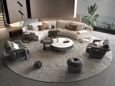 Modern Sectional Beige Sofa With Round Coffee Table And Gray Armchairs On Round Rug 3d model