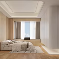 Modern Bedroom Interior Design With Wooden Walls Bed Rug Window Curtains And Decorative Painting
