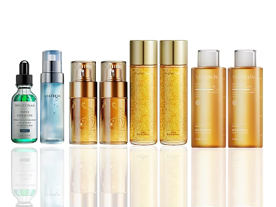 Assorted Skincare Cosmetic Bottles With Gold Blue And Clear Designs 3d model