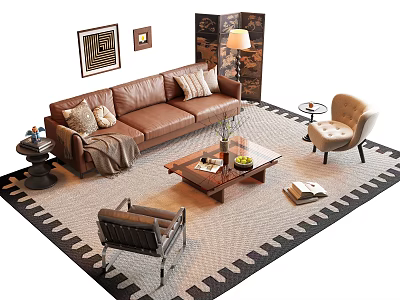 Brown Leather Sofa With Throw Pillows Blanket And Coffee Table Set On Area Rug 3d model