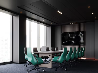 Modern Conference Room With Black Ceiling Large Windows Green Chairs Long Table Laptops Wall Art 3d model