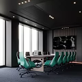 Modern Conference Room With Black Ceiling Large Windows Green Chairs Long Table Laptops Wall Art