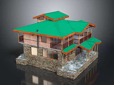 Traditional Multi Level House With Green Roof Stone Walls And Wooden Balconies 3d model