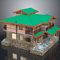 Traditional Multi Level House With Green Roof Stone Walls And Wooden Balconies