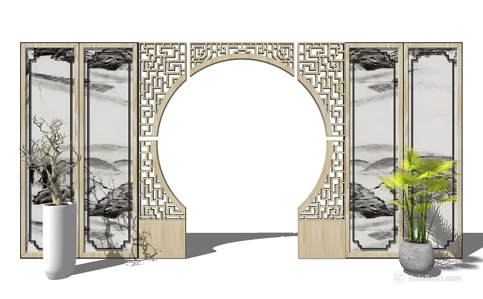 Chinese Style Decorative Moon Gate With Carved Patterns Ink Painting Screens And Potted Plants 3d model 