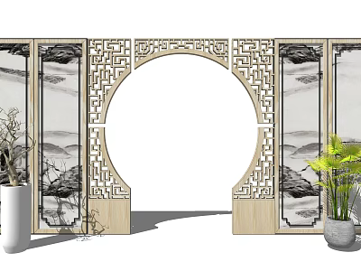 Chinese Style Decorative Moon Gate With Carved Patterns Ink Painting Screens And Potted Plants 3d model