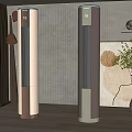 Two Modern Tower Air Conditioner Fans in Contemporary Living Room with Curtains and Floor Lamp