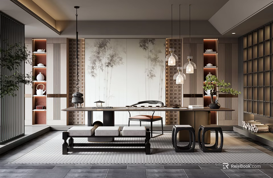 Traditional Tea Room Interior Design With Wooden Tea Table Hanging Lamps And Painted Scroll 3d model 