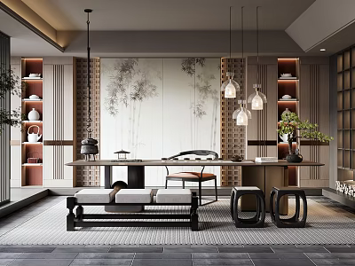 Traditional Tea Room Interior Design With Wooden Tea Table Hanging Lamps And Painted Scroll 3d model