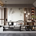 Traditional Tea Room Interior Design With Wooden Tea Table Hanging Lamps And Painted Scroll