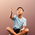 Man Sitting On Floor In Light Blue T-Shirt Raising Right Hand Against Brown Background