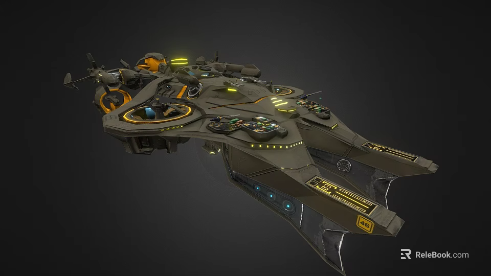 Futuristic Sci Fi Spaceship With Dark Exterior Yellow Accents And Control Panels 3d model 