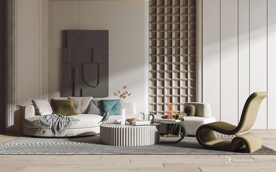 Modern Sofa and Coffee Table Set With Plush Pillows Accent Chair and Textured Wall 3d model 