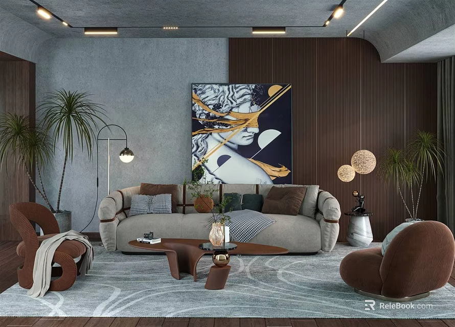 Modern Living Room Interior Design With Sofa Chairs Artwork Coffee Table Plants And Rug 3d model 