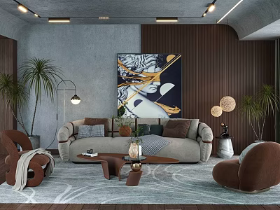Modern Living Room Interior Design With Sofa Chairs Artwork Coffee Table Plants And Rug 3d model