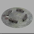 Outdoor Circular Paved Seating Area With Wooden Benches And Stone Floor