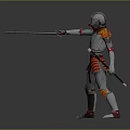3D Model Of Armored Human Warrior In Silver Red Armor Holding Sword Standing Pose