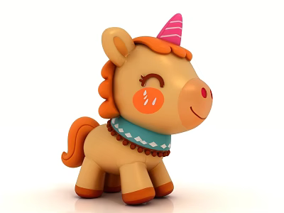 Cute Cartoon Unicorn Art Installation With Pink Horn Brown Body Orange Mane And Blue Scarf 3d model