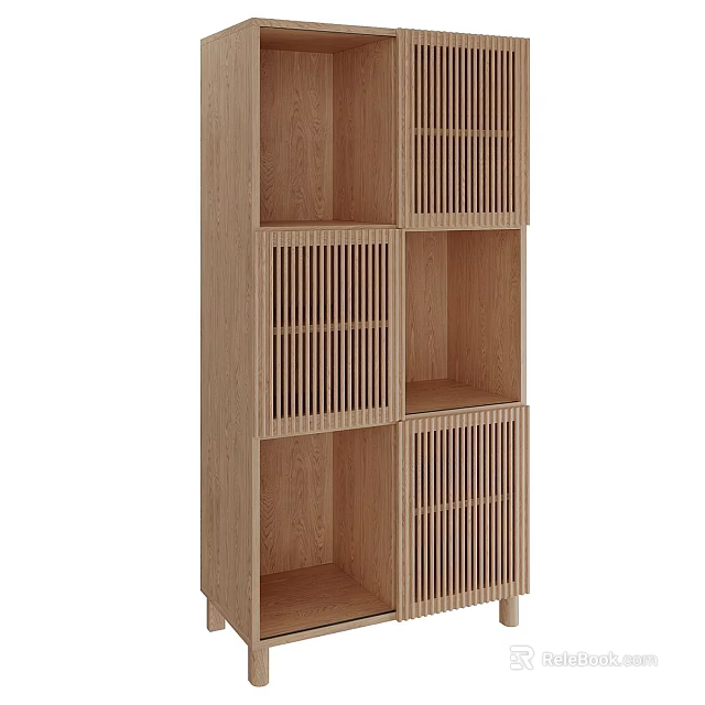 Natural Wood Storage Shelf Unit With Multiple Open Compartments And Slatted Panels 3d model
