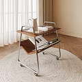Modern Side Table with Wooden Top Metal Frame Two Tier Design Wheels on Soft Rug