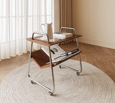 Modern Side Table with Wooden Top Metal Frame Two Tier Design Wheels on Soft Rug 3d model