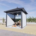 Outdoor Terrace Pavilion With Wooden Floor Plants And Seating Area Under Blue Sky