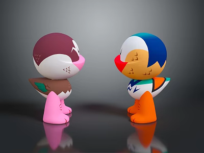 Black Table Furniture With Purple Brown And Blue White Cartoon Duck Figurines 3d model