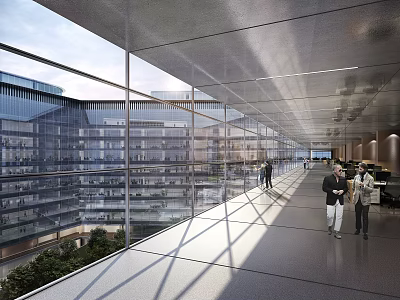 Spacious Office Corridor With Glass Curtain Walls Natural Light People Walking And Modern Exterior View 3d model