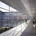 Spacious Office Corridor With Glass Curtain Walls Natural Light People Walking And Modern Exterior View