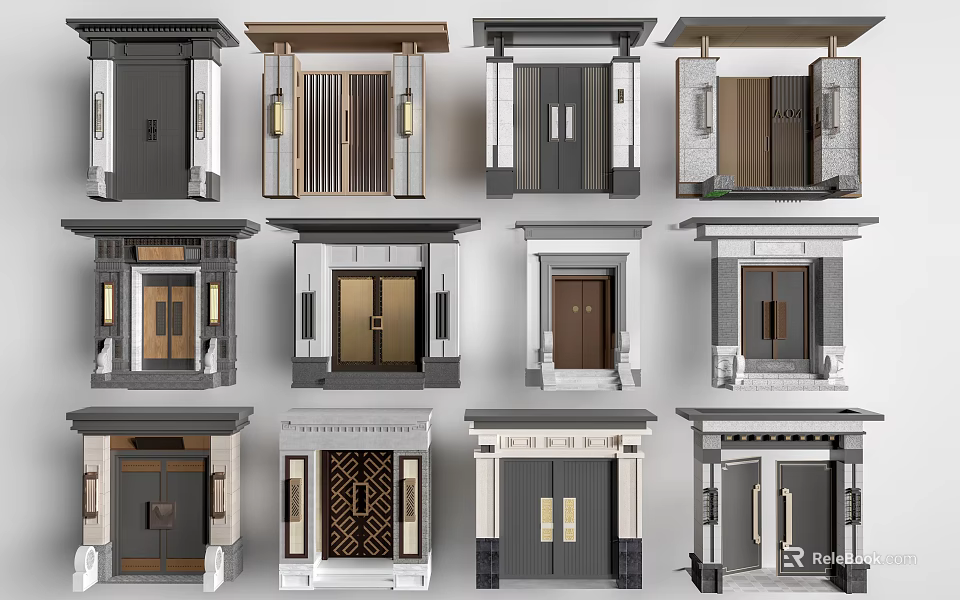 Various Modern Entry Door Designs With Different Materials And Decorative Frames 3d model