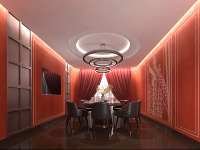 Private Dining Room With Red Walls White Patterns Round Table Black Chairs And Circular Pendant Lights 3d model