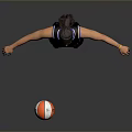 Woman in Basketball Uniform Standing with Arms Outstretched Next to Basketball