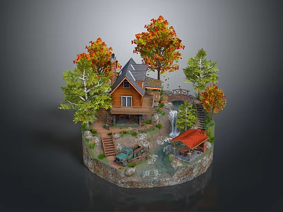 Miniature Scenic Model With Wooden House Autumn Trees Waterfall Bridge Gazebo And Green Car 3d model