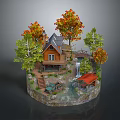 Miniature Scenic Model With Wooden House Autumn Trees Waterfall Bridge Gazebo And Green Car