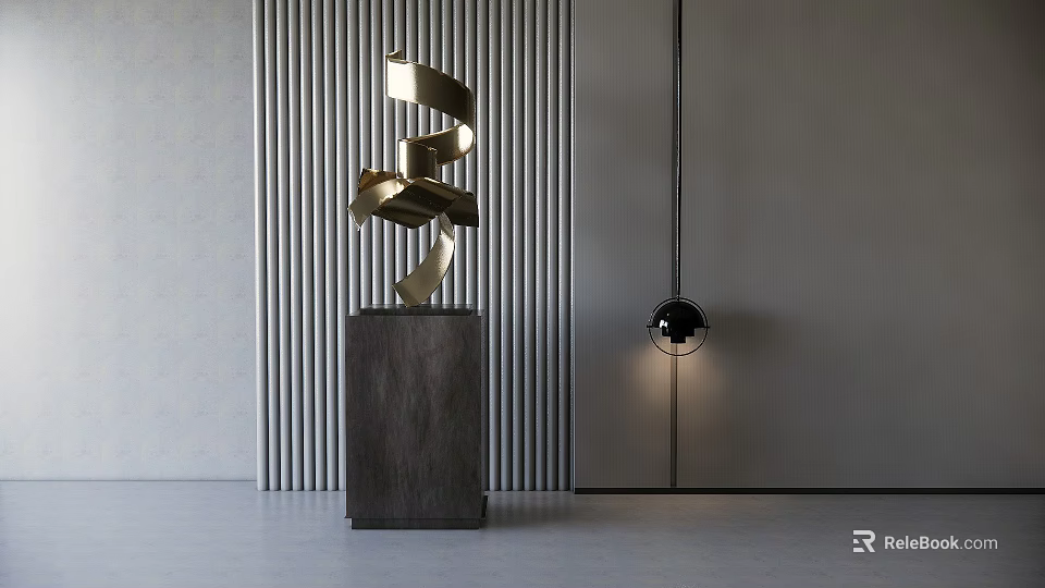 Golden Spiral Metal Sculpture on Dark Pedestal with Vertical Striped Wall and Black Spherical Light 3d model 