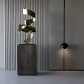 Golden Spiral Metal Sculpture on Dark Pedestal with Vertical Striped Wall and Black Spherical Light