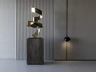 Golden Spiral Metal Sculpture on Dark Pedestal with Vertical Striped Wall and Black Spherical Light 3d model