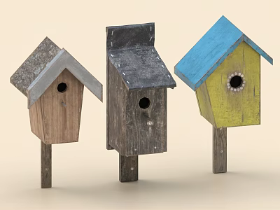 Wooden Birdhouse Ornament Decorations Set With Assorted Colors And Roof Designs 3d model