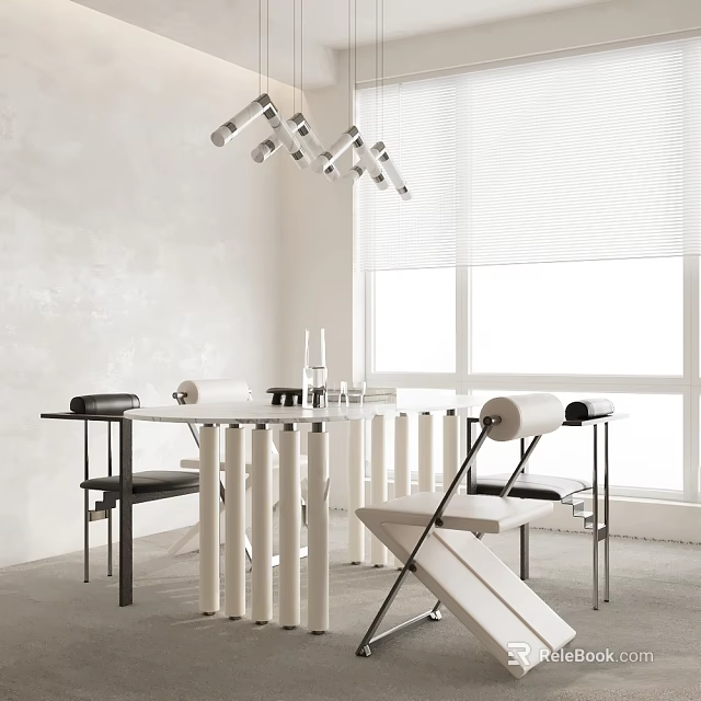 Modern Elegant Dining Table Set With Chairs Pendant Lights And Window View 3d model 