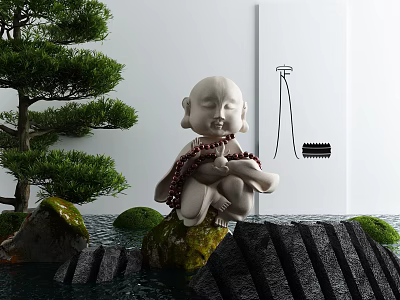 Zen Garden Ornament With Buddha Statue Pine Tree Mossy Rocks And Water Elements 3d model