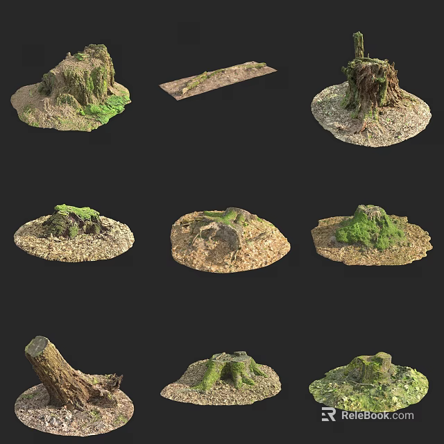 Multiple Arbor Tree Stumps With Moss Covered Roots And Natural Soil 3d model