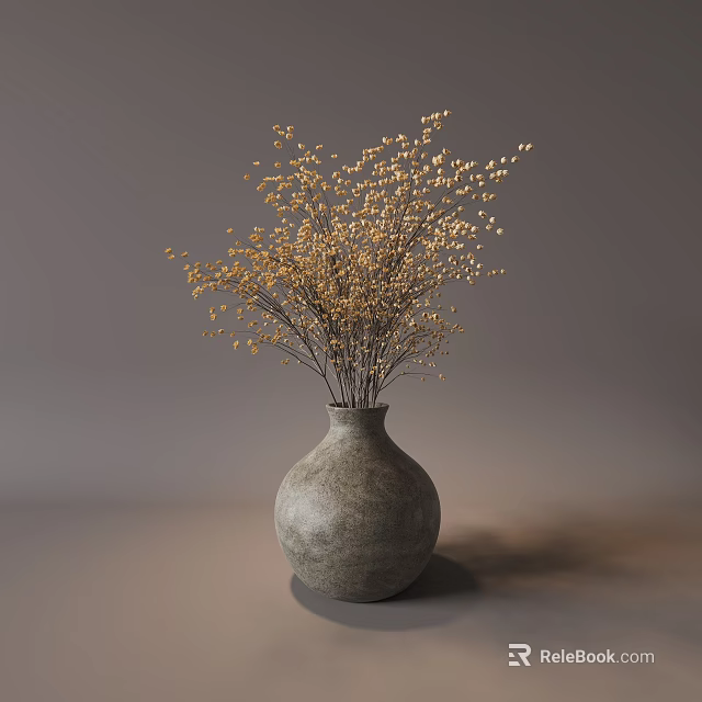 Minimalist Gray Cement Round Bottomed Vase With Golden Small Blooms And Twigs 3d model 
