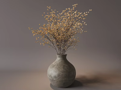 Minimalist Gray Cement Round Bottomed Vase With Golden Small Blooms And Twigs 3d model