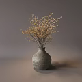 Minimalist Gray Cement Round Bottomed Vase With Golden Small Blooms And Twigs