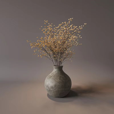 Minimalist Gray Cement Round Bottomed Vase With Golden Small Blooms And Twigs 3d model